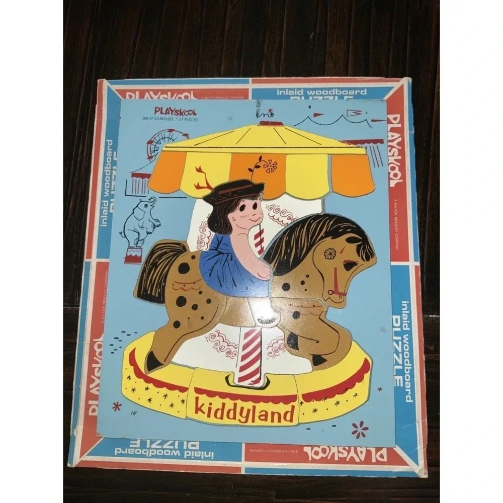 Vintage 1973 Playskool Carousel Horse Inlaid Woodboard Tray‎ Puzzle 21 Piece